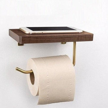 Drewniany uchwyt na papier toaletowy | Buk/Orzech Czarny | Mosiężne akcenty | Projekt Ekologiczny | Trwałe | Gładka powierzchnia | Łatwa instalacja | Platforma dla telefonów/przedmiotów | duże akcesoria łazienkowe