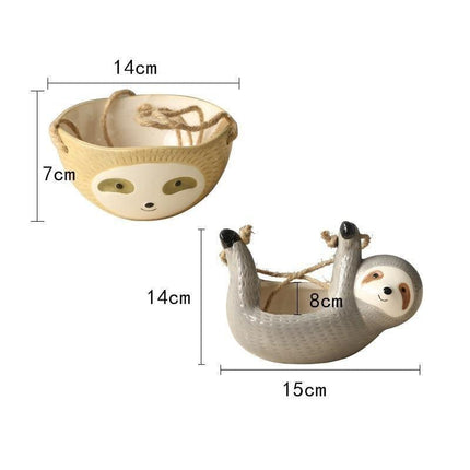 Wisząca donica ceramiczna w gładkiej leniwca | Dekoracyjny pojemnik na sukulenty do wnętrz | Szaro-żółta ozdoba | Wyjątkowy pomysł na prezent | Uroczy wzór ze zwierzętami do salonu, sypialni, pokoju dziecięcego
