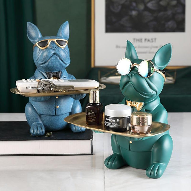 Skarbonka z żywicy buldoga francuski | Wielofunkcyjna statua do przechowywania | 23,5 cm x 19 cm x 20 cm | Akcent dostępny w domu | Taca do przechowywania i okulary | Stylowa skarbonka i pudełko na słodycze
