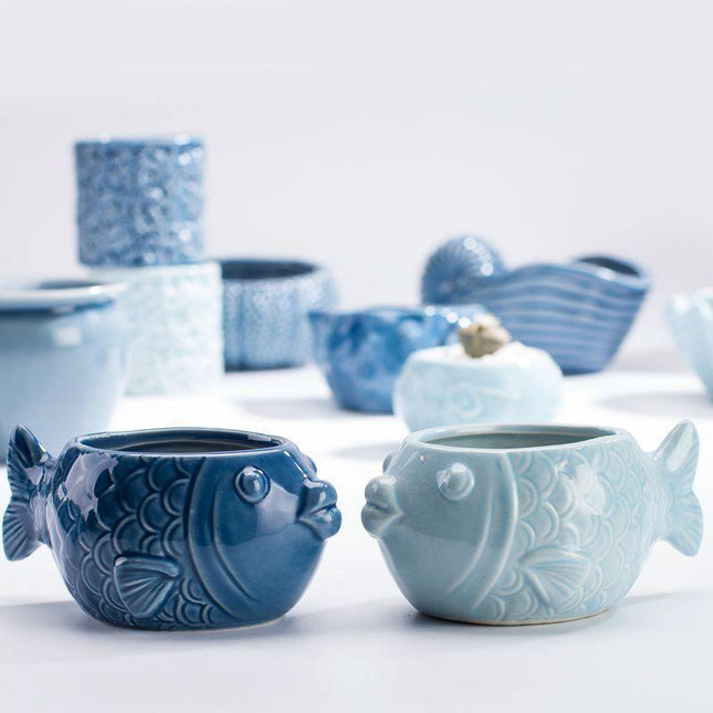 Ceramiczne, przeszklone donice inspirowane oceanem | Doniczki dekoracyjne w stylu nadmorskim | Opcje błękitu oceanu i turkusu | Dostępne różne rozmiary