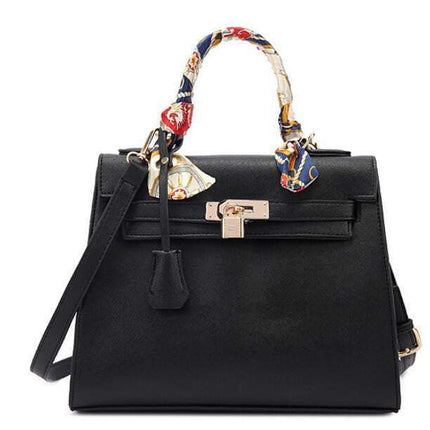 Modna damska torba ze skóry PU JASMIN NOIR | Crossbody z zamkiem szalika | Wzór Saffiano | Jednolity kolor | Zamknięcie na zamek | Wstążki i dekoracje z fredzlami | Wszechstronna torebka | Wewnętrzna kalibracja na telefonie | Rozmiar M/S