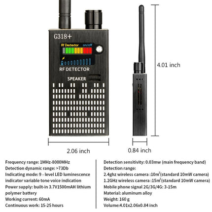 Bezprzewodowy detektor RF G318 | Wykryj ukryte kamery, urządzenia zabezpieczające GPS, urządzenia podsłuchowe | Przenośna ochrona prywatności | Najwyższa czułość i wiele trybów | Narzędzie do nadzoru o szerokie zastosowanie