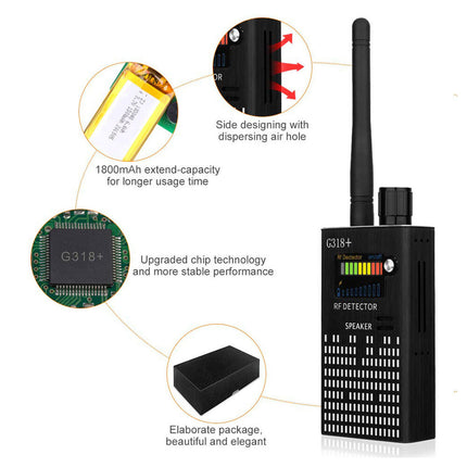 Bezprzewodowy detektor RF G318 | Wykryj ukryte kamery, urządzenia zabezpieczające GPS, urządzenia podsłuchowe | Przenośna ochrona prywatności | Najwyższa czułość i wiele trybów | Narzędzie do nadzoru o szerokie zastosowanie