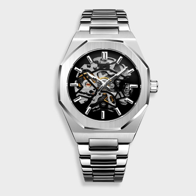 Męski automatyczny zegarek Phantom ze stali nierdzewnej | Czarna tarcza 42 mm | Srebrny pasek | Wodoodporny 30m | Elegancki wygląd | Regulowany rozmiar | Nadaje się na każdą okazję