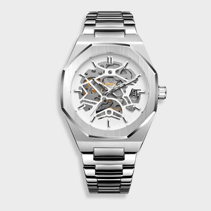 Męski automatyczny zegarek Phantom ze stali nierdzewnej | Czarna tarcza 42 mm | Srebrny pasek | Wodoodporny 30m | Elegancki wygląd | Regulowany rozmiar | Nadaje się na każdą okazję