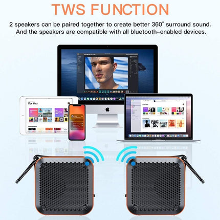Przenośny głośnik Bluetooth | Woododporny IP67 | Dźwięk stereo HD o mocy 5 W | Parowanie TWS | 12H Czas ochronny | Metalowy hak | Obsługuje kartę TF | Wbudowany mikrofon | Bluetooth 5.0 | Zasięg 66 stóp | Radia FM